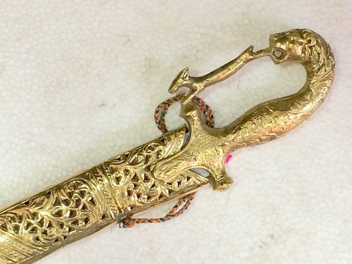 Rajput espada boda ceremonial león caza empuñadura funda latón 38” - Imagen 9 de 10