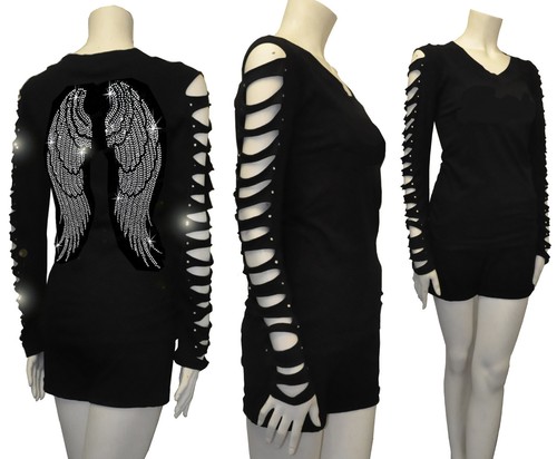 BLING BLING ANGEL WINGS RHINESTONE,RIPPED SLIT CUT OUT LONG SLEEVE T SHIRT S~4XL - 第 2/9 張圖片