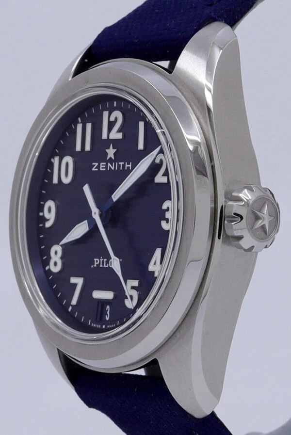 Zenith ref 03.4000.3620/51.I003 Steel Auto 40mm Blue Dial Pilot on Strap w/B&P