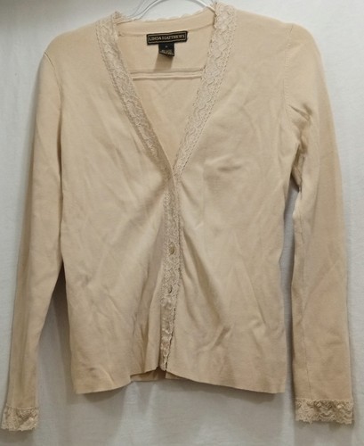 Vintage Linda Matthews Rayon Beige Button Cardigan Lace Trim Size Medium Note - Picture 1 of 7