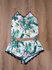 Victoria's Secret Satin Black Lace 2 Piece Short Cami Set Tropical Size L