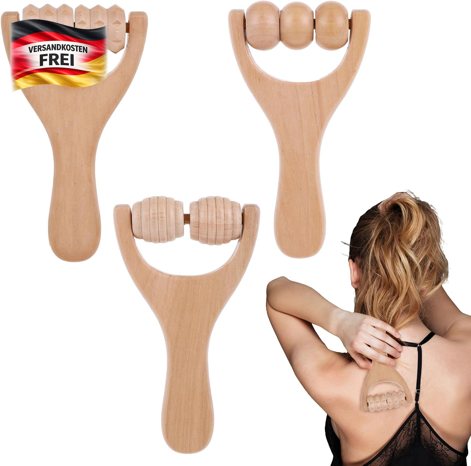 Holz Massageroller für Körper & Gesicht, Faszienrolle mit Griff, Muskelentspannu