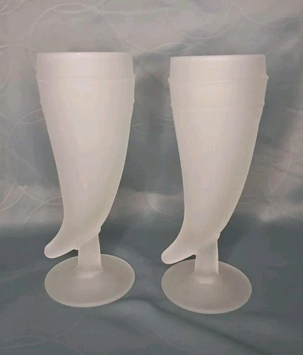 Vintage Tiara Indiana Glass Frosted Horn Shaped Beer Mug Glass Viking Set Of 2