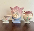Vintage Hull American Pottery Console Set Pastel Floral Vase Cornucopia Planter