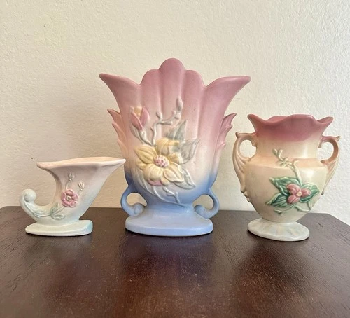 Vintage Hull American Pottery Console Set Pastel Floral Vase Cornucopia Planter