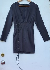 NEW Pretty Little Thing Black Long Sleeve Plunge Lace Up Bodycon Dress -Size: 12