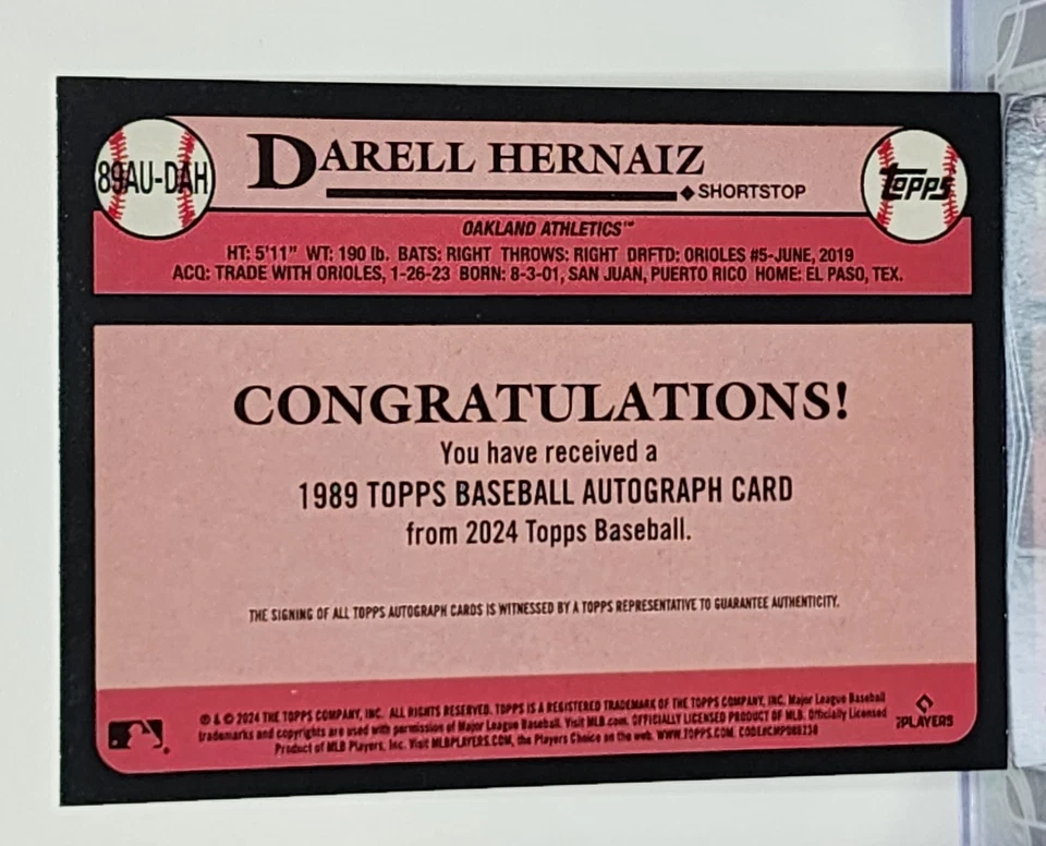 2024 Topps Update Series 1989 Topps Baseball Autographs #89AU-DA Darell Hernaiz - Image 2 of 3