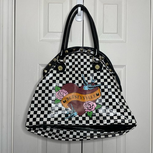 Betsey Johnson Checkered Heart Tattoo Birds Roses Studded Bag