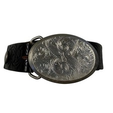 Vintage Embossed Black Leather Belt and Silver-tone Scroll Belt Buckle Men's 42