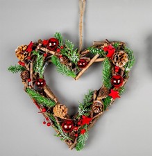 35cm Christmas Wreath Heart LED Red Baubles Stars Wooden Twig Hanging Xmas Decor