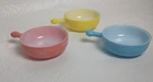 GLASBAKE Soup Bowls with Handles J-2057 Set of 3 Blue Pink Yellow Glass