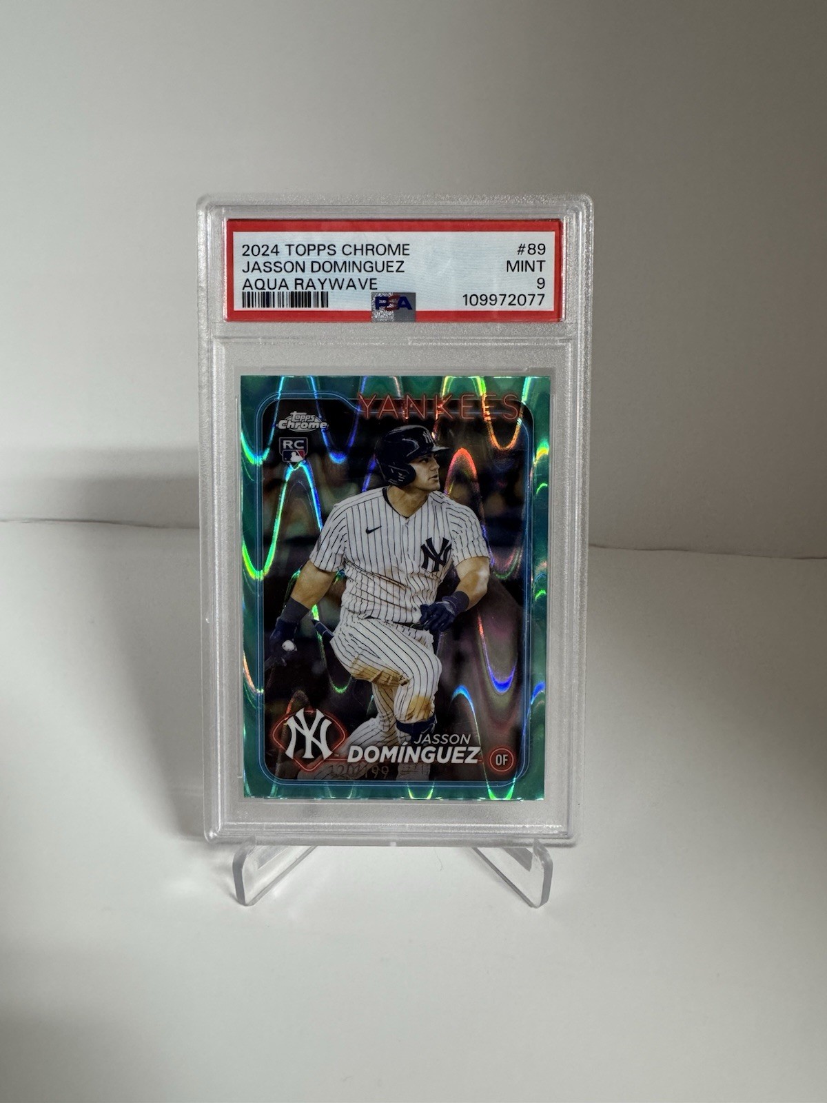 2024 Topps Chrome Jasson Dominguez #89 Aqua Raywave Refractor /199 RC PSA 9