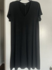 Karen Kane Womens L Black Solid Shift Dress V-Neck Short Sleeve Knee Length