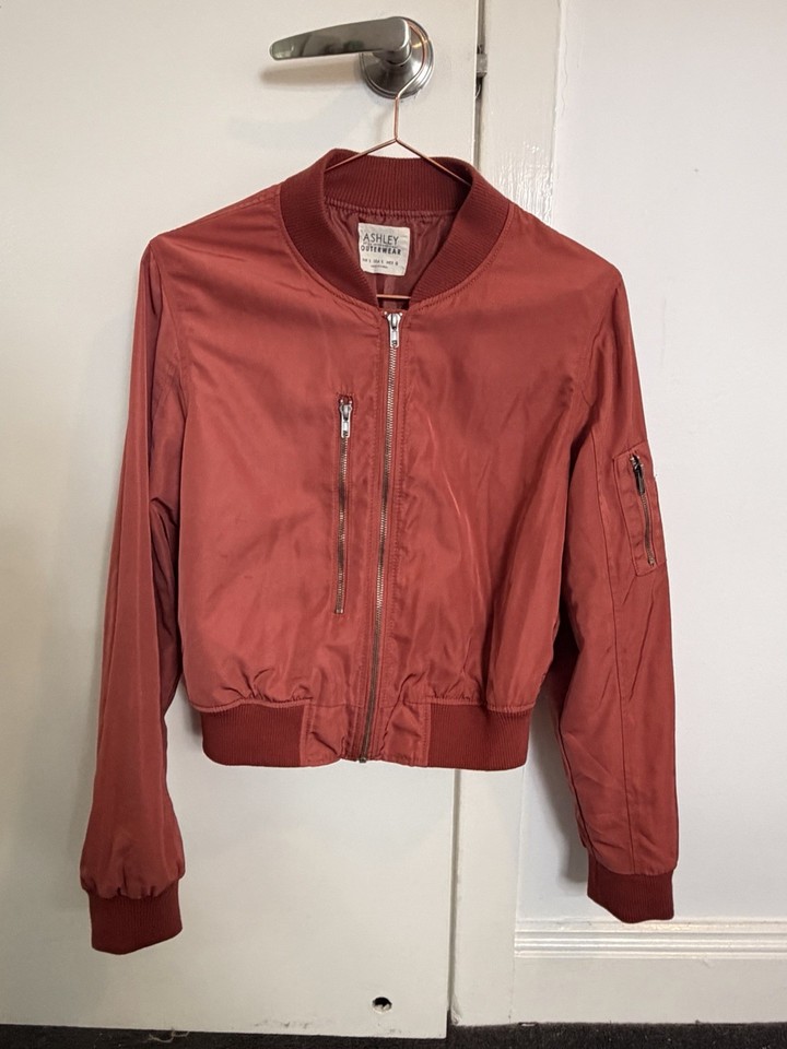Ashley Women's Red Satin Like Bomber Jacket Full Zip Pockets Size L Regular