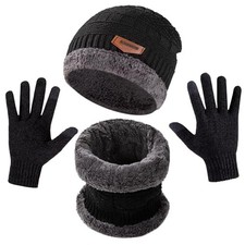 Winter Hat Scarf Gloves Set, 3-in-1 Knit Beanie with Fuzzy Lining, Touch Black