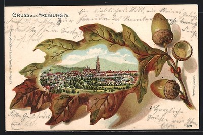 Mat lithograph Freiburg i. B., City View on an Oak Leaf 