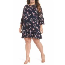 Eliza J Floral Print 3/4 Pleated Sleeve Hem Illusion Neck Mini Dress Navy Size 4