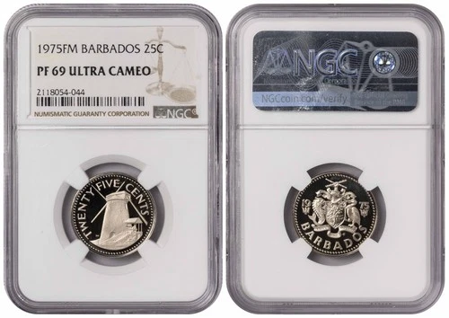 i-650638 Barbados 25 Cents 1975 FM. NGC PF 69 ULTRA CAMEO