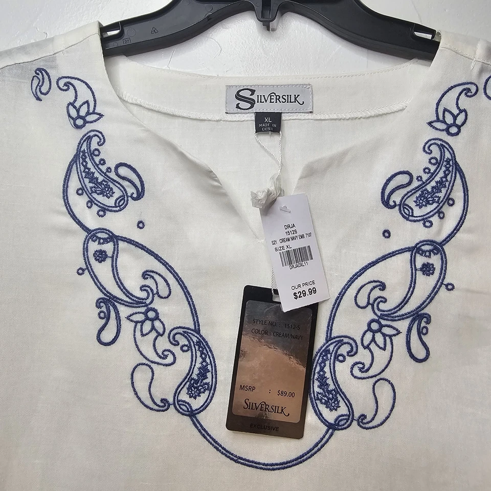 SilverSilk льняной смеси вышитая рубашка белый кремовый синий мужской размер XL новый с Ярлыками - Изображение 2 из 4