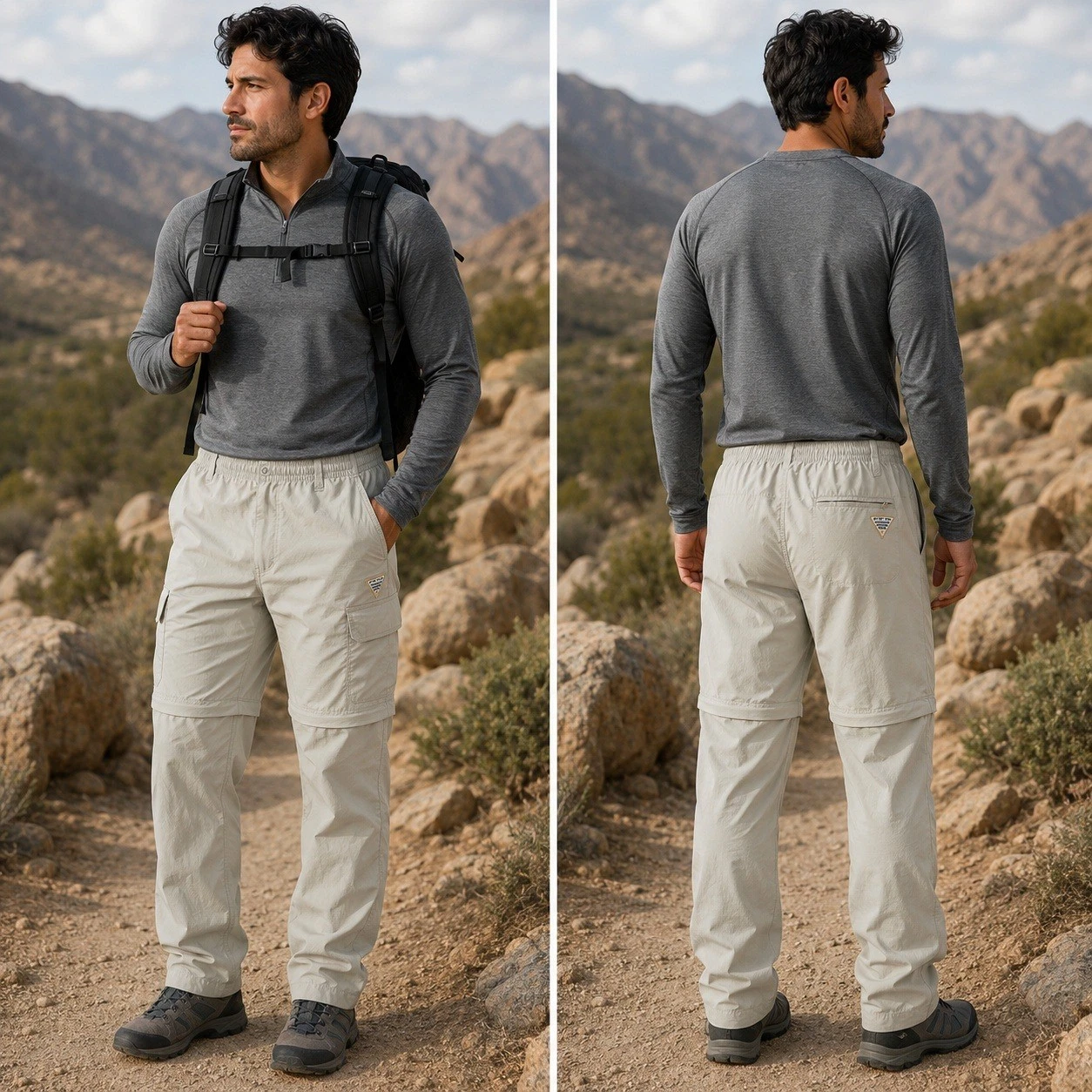 Columbia PFG Convertible Cargo Pants Mens L Tan Khaki Fishing Hiking 15x33