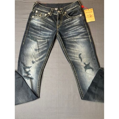 True Religion Men's Blue Distressed Slim Straight Jeans Big T Stitching