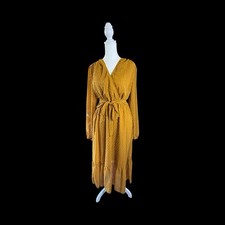 Kirundo Women’s Swiss Dot Midi Wrap Dress Mustard Long Sleeve Belted Size Large