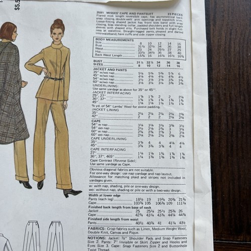 Vintage 70’s VOGUE Couturier Sewing Pattern Cape Pantsuit Fabiani #2591 14/36b - Picture 5 of 9