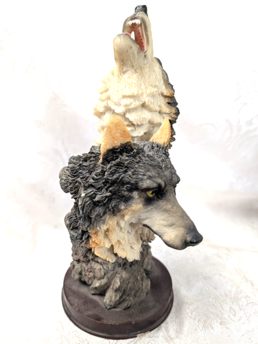 Wolves 2 Head Sculpture Resin Brown Grey 10" Wood Base - Picture 2 of 9