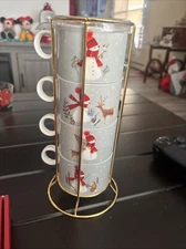 Grace Teaware Set of 4pc Snowman Porcelain Stackable Coffee Mug With Gold Stand