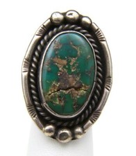 Vintage Navajo Sterling SIlver  Green Turquoise Large Oval Ring Sz 5 Artisan