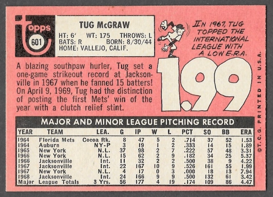 1969 Topps 601 Tug McGraw Mets Short Print SP! CENTERED STUNNING CARD