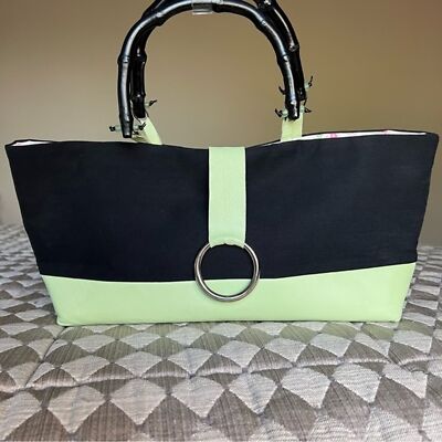Bobo Bags Handcrafted Denver Black & Lime Green Handbag Bamboo Handle New