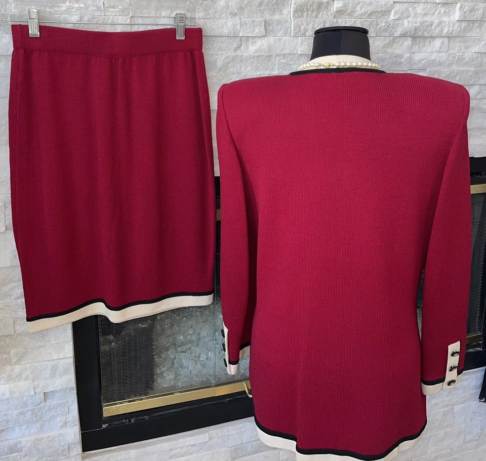 CÁRDIGAN DELANTERO ABIERTO GRIS ROJO COLECCIÓN ST. JOHN MARIE TALLA P con FALDA TALLA 4 2 PIEZAS Foto 2 de 4