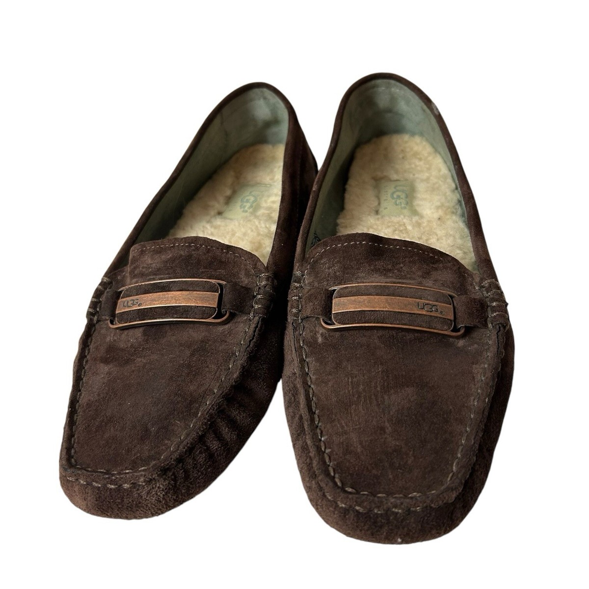 UGG] Brown leather Suede Slip-Ons Driving shoes Ugg Womens Brown Suede Shearling Lined footbed Slip On  main image 4