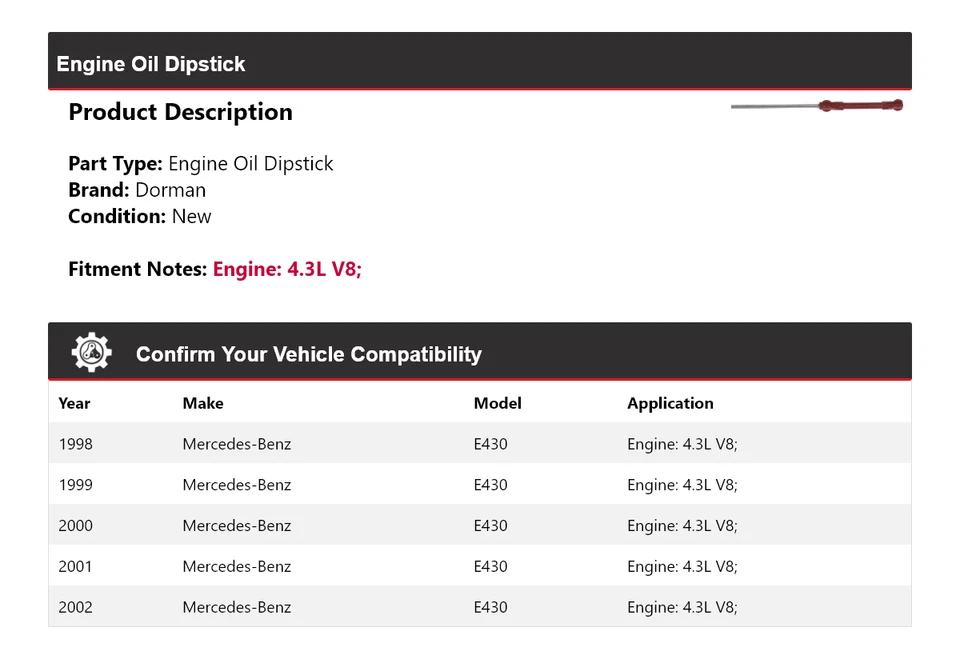 Varilla de medición de aceite de motor Dorman V8 4,3 L para Mercedes-Benz E430 1998-2002 1999 2000 Foto 2 de 4