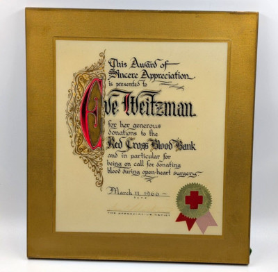 Vintage 1960's Red Cross Blood Bank Unique Plaque Award Rare 1966 Gothic Style
