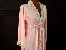 VTG 60s 70s Pink Lace Trim Belted Nylon Lingerie Cinch Dressing Gown Robe Sz M/L