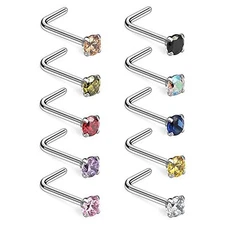 10PCS Surgical Steel Mix CZ L-Shaped Nose Studs Rings Body Piercing Jewelry 18G