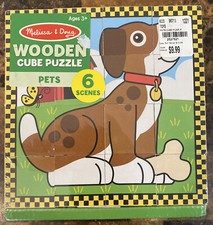 New MELISSA  DOUG Wooden Cube Puzzle w/Storage Tray 6 Pet Scenes 3771-Age 3 