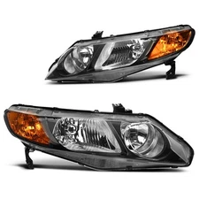 Black Headlights Assembly for 2006-11 Honda Civic Sedan 4-Door Amber Headlamps