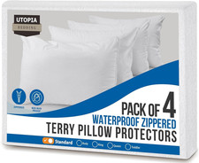 Set of 4 Waterproof Pillow Protectors with Zipper Standard Size, Terry Pillow Co
