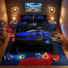 Race Car Twin Comforter Set for Boys Blue Sports Car Kids Bedding Set Cool Sp...