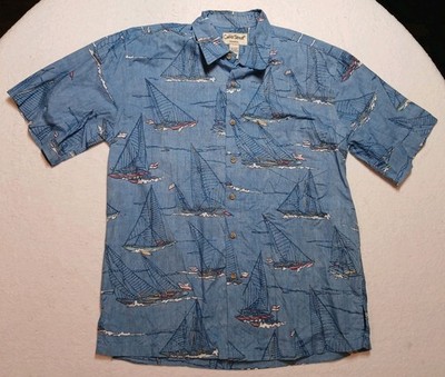 Cooke Street Mens Size L Button Up Short Sleeve Boat Print Blue