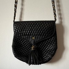 Vintage Bally Black Quilted Leather Crossbody Bag Gold Tone Strap Tassel Detail