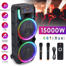 Dual 15'' Subwoofer Portable Bluetooth Speaker FM Heavy Bass Sound Karaoke W/Mic