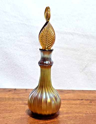 Vtg Steven Lundberg 1997 Art Glass Iridescent Gold Perfume Bottle Signed 7" H