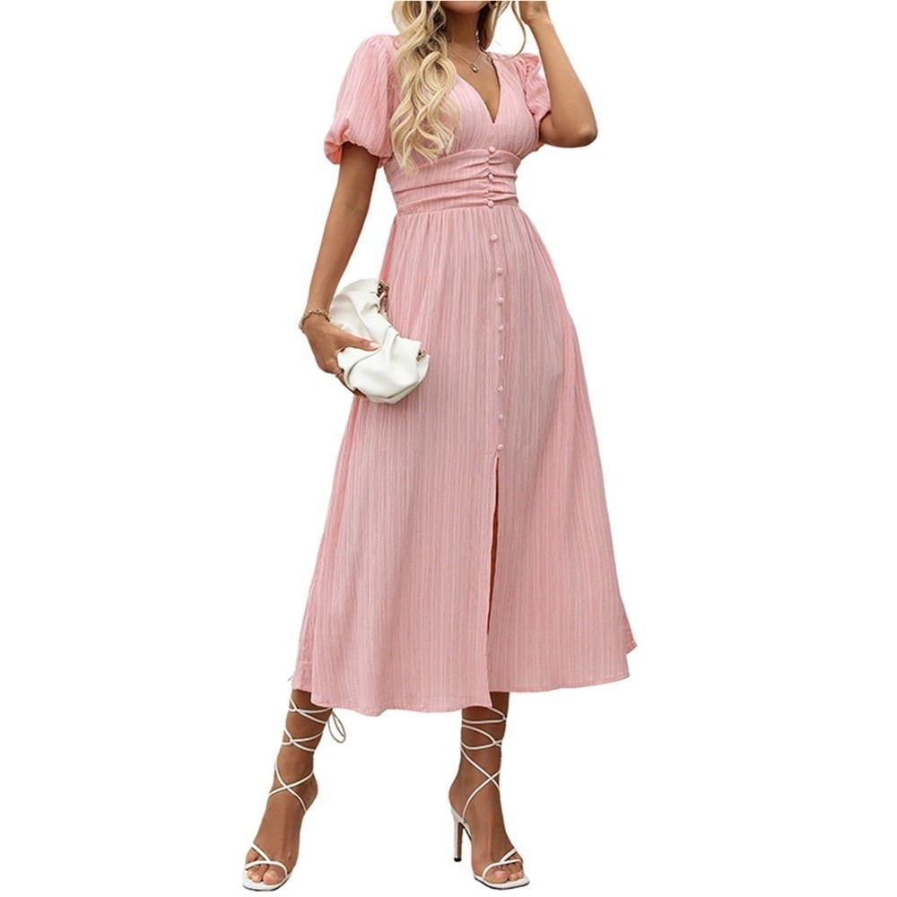 Women V-Neck Puff Sleeve Button-Front Pleated Midi Dress Waist Smocking  Elegant | eBay UK