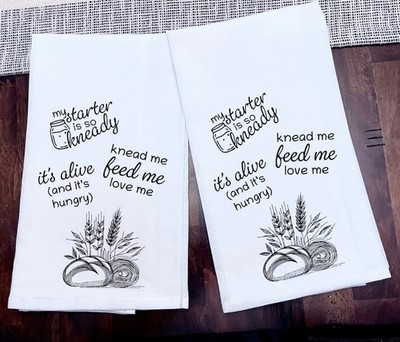 Kitchen Dish Towel Bread Sour Dough Ink on 100% Cotton Size 28x28 Set of 2 New