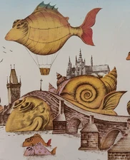 Original Signed Framed & Matted Surrealist Fish Print, Rare Fine Art Decor Gifts