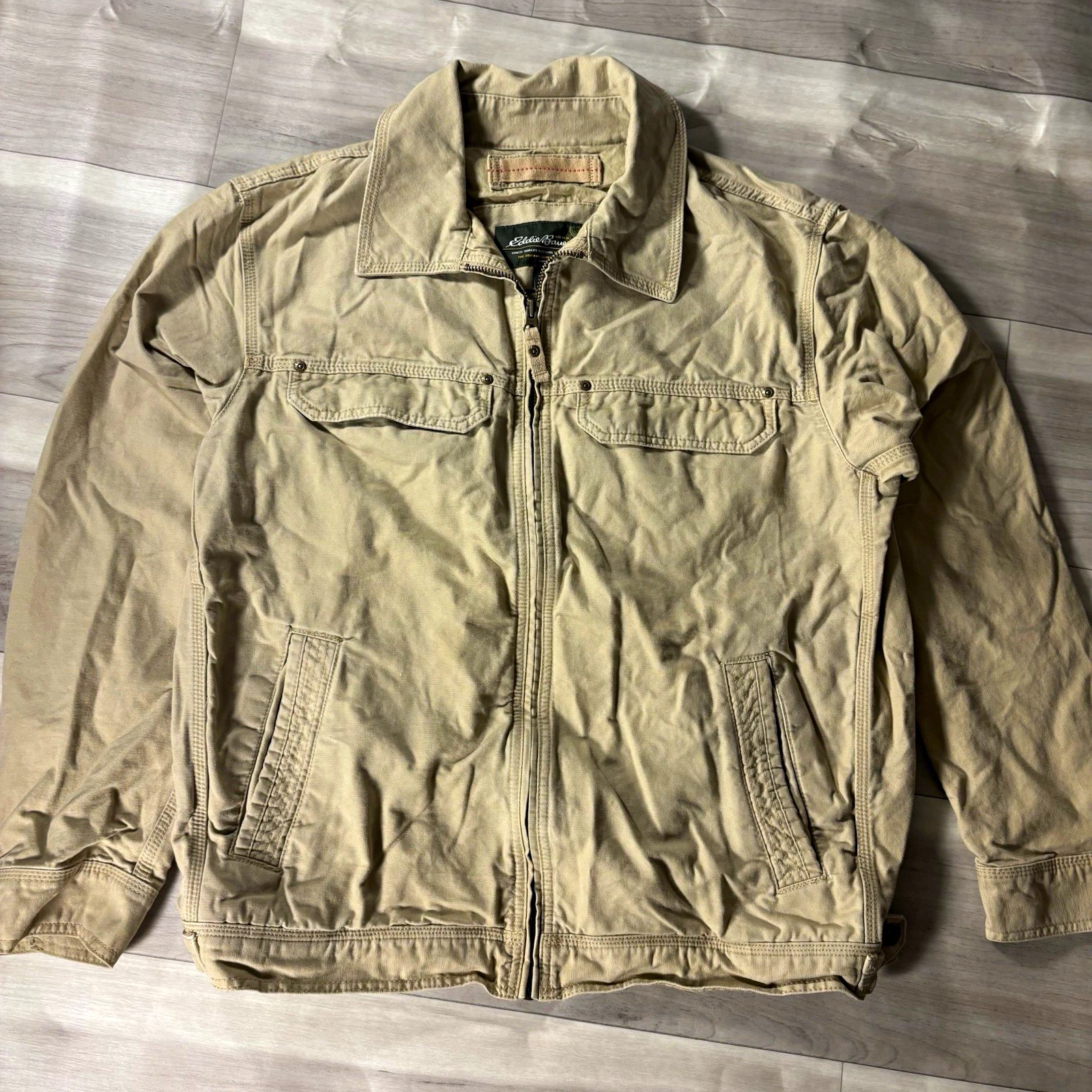 Eddie Bauer Men’s L Beige Cotton Canvas Full Zip Jacket Point Collar Short image 1